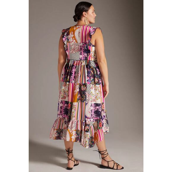 Anthropologie Patchwork Print Ruffle Shoulder Swing Dress Size 12 Petite - Picture 2 of 13